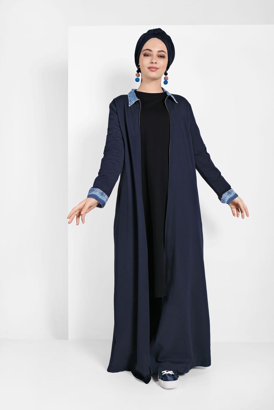 Tesettür giyim LACİVERT PAMUKLU FERMUARLI FERACE 13206