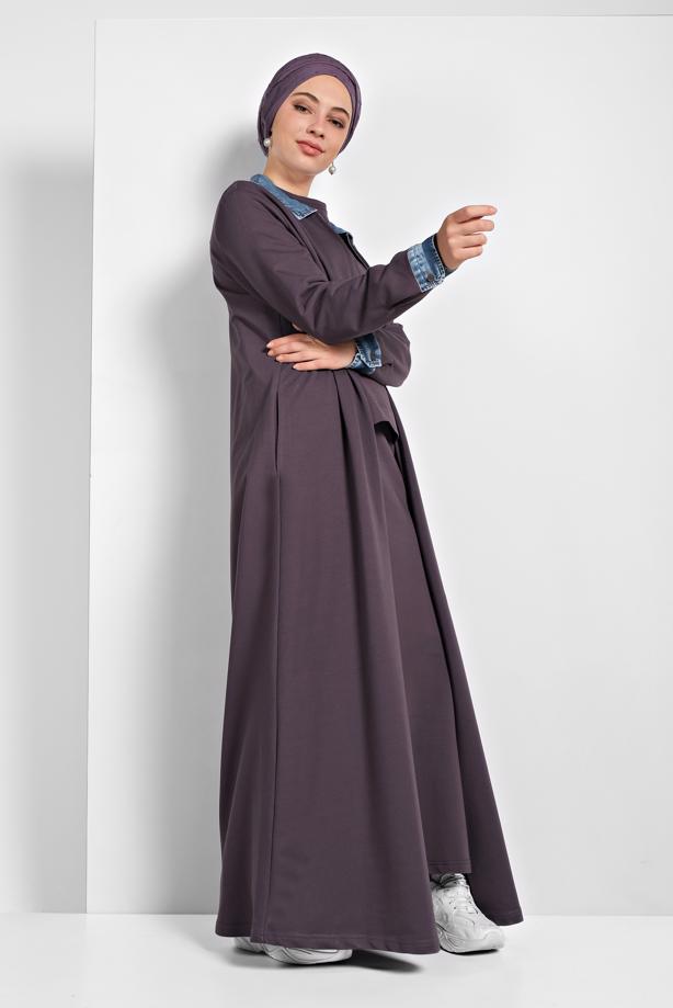 Tesettür giyim YEŞİL PAMUKLU FERMUARLI FERACE 13206 - TRENDTESETTÜR