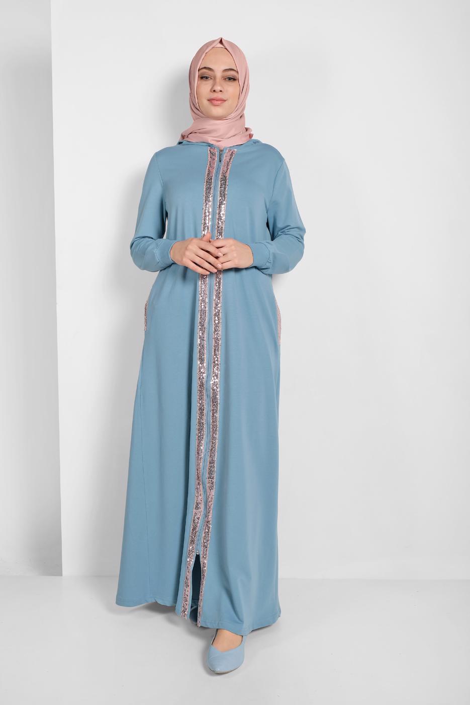 Tesettür giyim MAVİ PUL İŞLEMELİ KAPÜŞONLU FERACE 20206