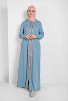 Tesettür giyim MAVİ PUL İŞLEMELİ KAPÜŞONLU FERACE 20206