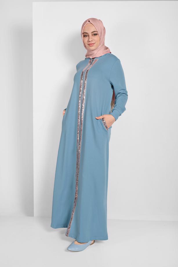 Tesettür giyim MAVİ PUL İŞLEMELİ KAPÜŞONLU FERACE 20206 - TRENDTESETTÜR