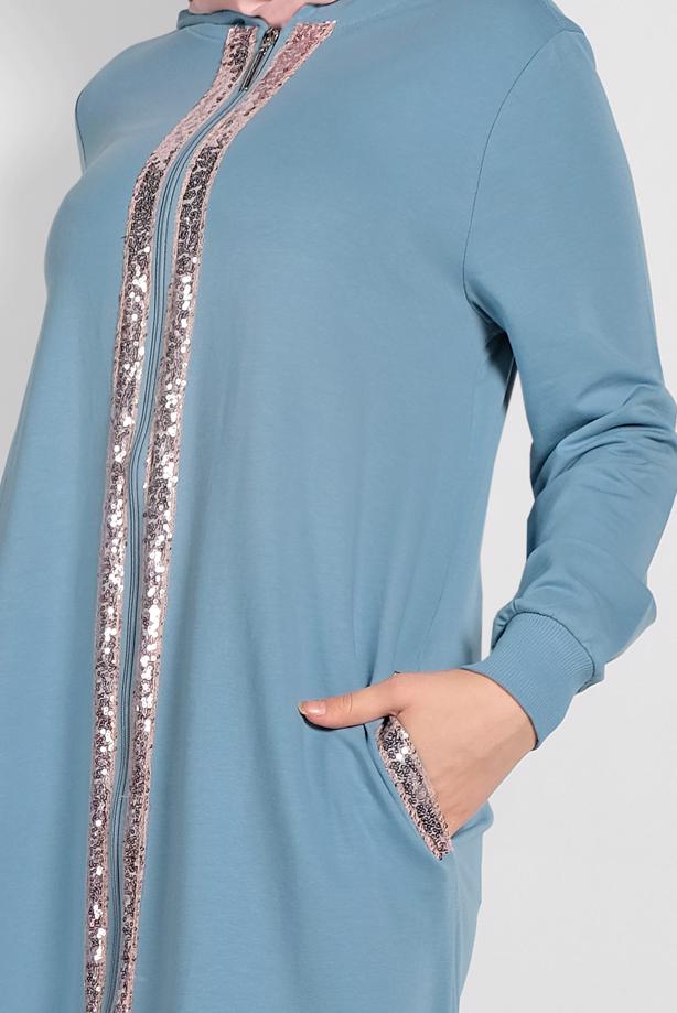 Tesettür giyim MAVİ PUL İŞLEMELİ KAPÜŞONLU FERACE 20206 - TRENDTESETTÜR