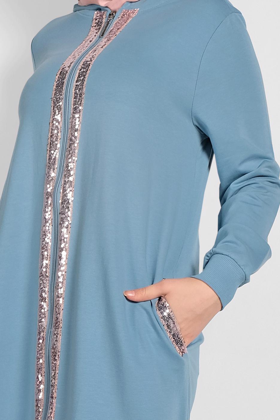 Tesettür giyim MAVİ PUL İŞLEMELİ KAPÜŞONLU FERACE 20206