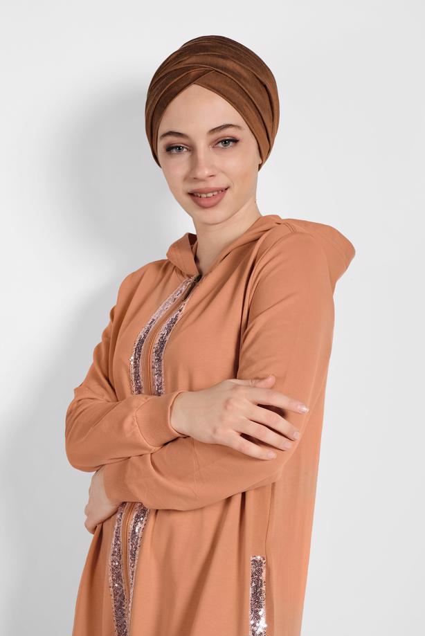 Tesettür giyim KAHVE PUL İŞLEMELİ KAPÜŞONLU FERACE 20206 - TRENDTESETTÜR