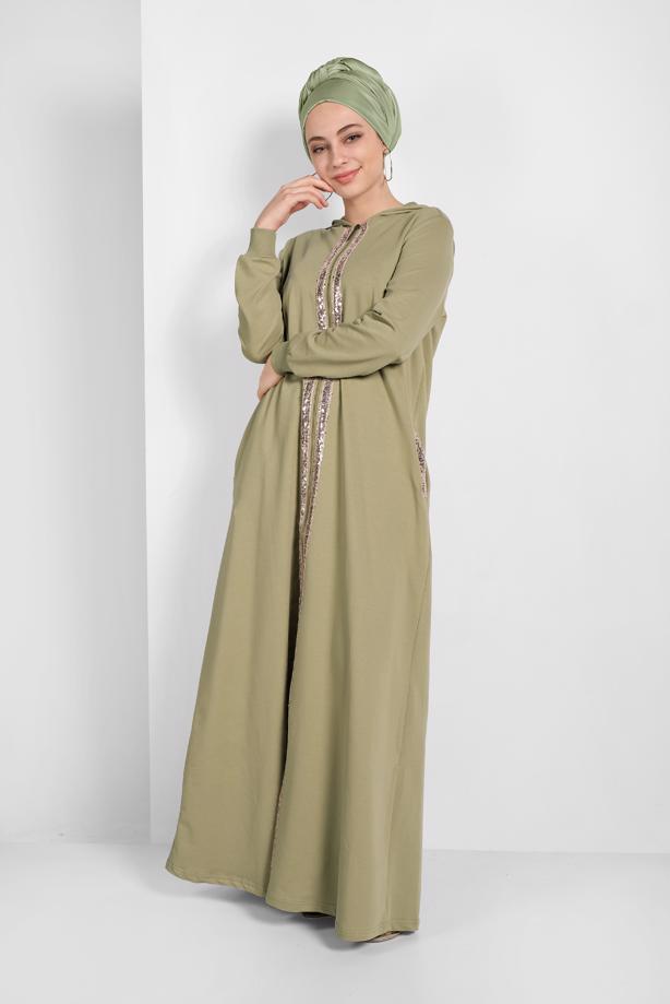 Tesettür giyim YEŞİL PUL İŞLEMELİ KAPÜŞONLU FERACE 20206 - TRENDTESETTÜR