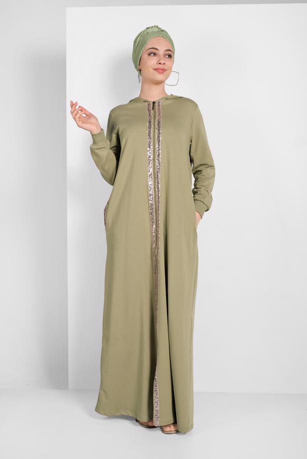 Tesettür giyim YEŞİL PUL İŞLEMELİ KAPÜŞONLU FERACE 20206 - TRENDTESETTÜR