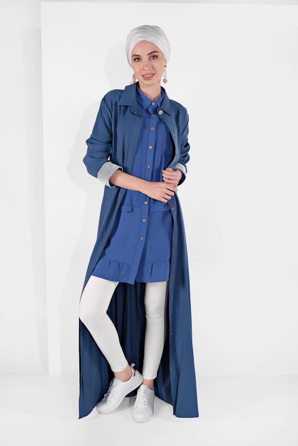 Tesettür giyim LACİVERT MANŞETLERİ FİLE DETAYLI KUŞAKLI FERACE 71206  - TRENDTESETTÜR
