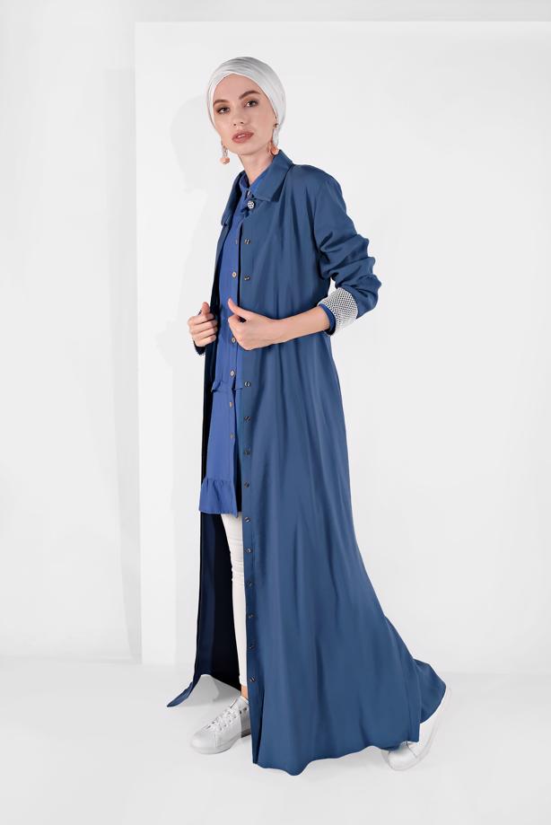 Tesettür giyim LACİVERT MANŞETLERİ FİLE DETAYLI KUŞAKLI FERACE 71206  - TRENDTESETTÜR