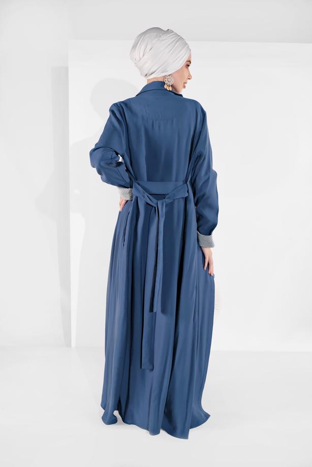 Tesettür giyim LACİVERT MANŞETLERİ FİLE DETAYLI KUŞAKLI FERACE 71206  - TRENDTESETTÜR