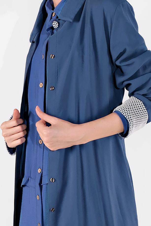 Tesettür giyim LACİVERT MANŞETLERİ FİLE DETAYLI KUŞAKLI FERACE 71206  - TRENDTESETTÜR