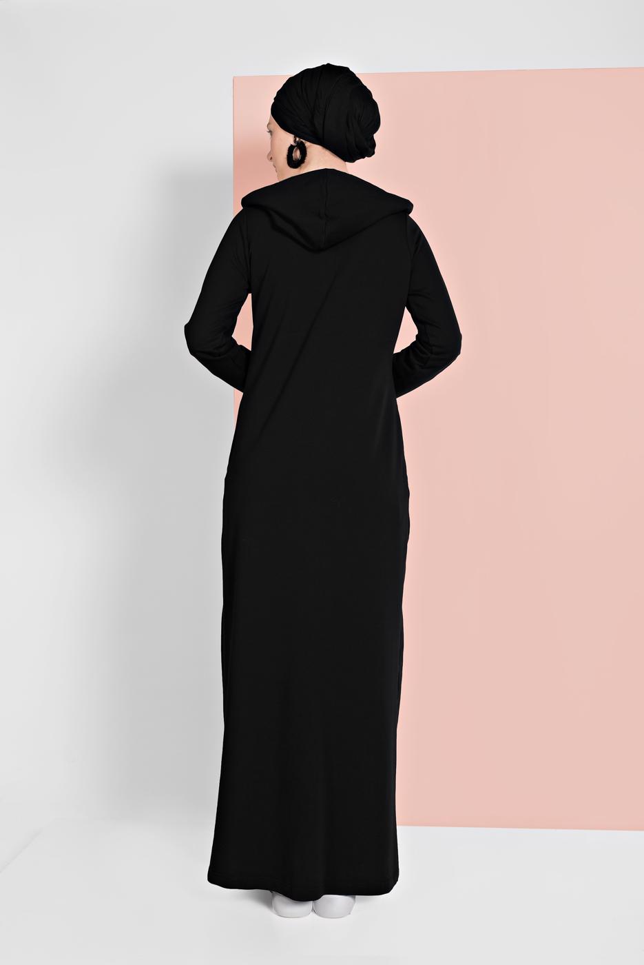 Tesettür giyim SİYAH KAPÜŞONLU BOYDAN FERMUARLI EŞOFMAN FERACE  0019 