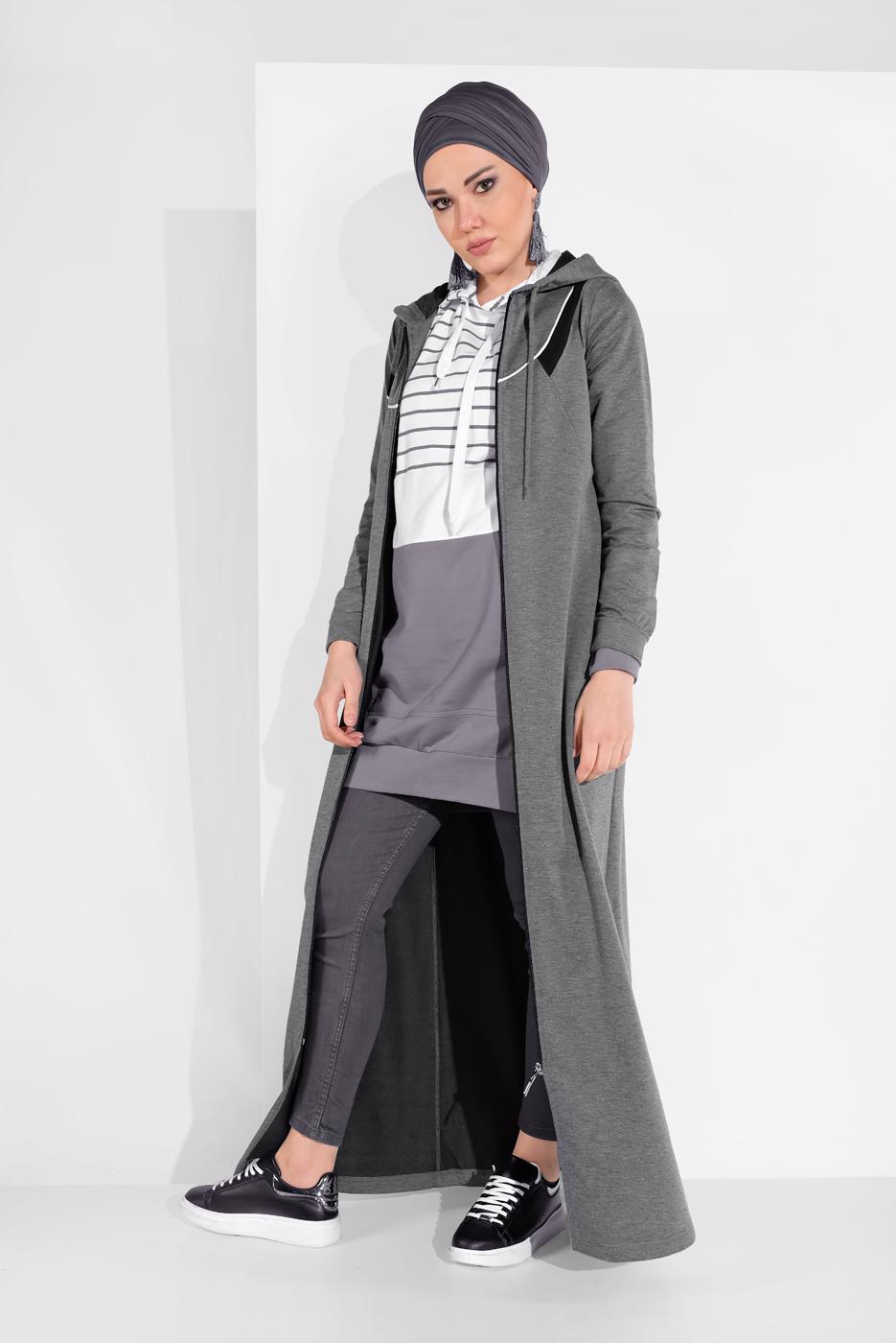 Tesettür giyim GRİ KAPÜŞONLU BOYDAN FERMUARLI EŞOFMAN FERACE  0019 