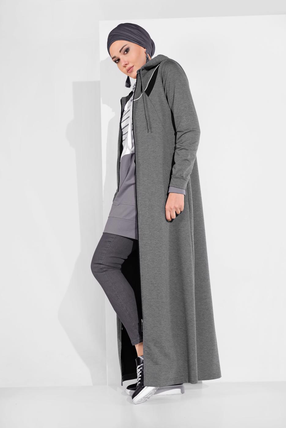 Tesettür giyim GRİ KAPÜŞONLU BOYDAN FERMUARLI EŞOFMAN FERACE  0019 