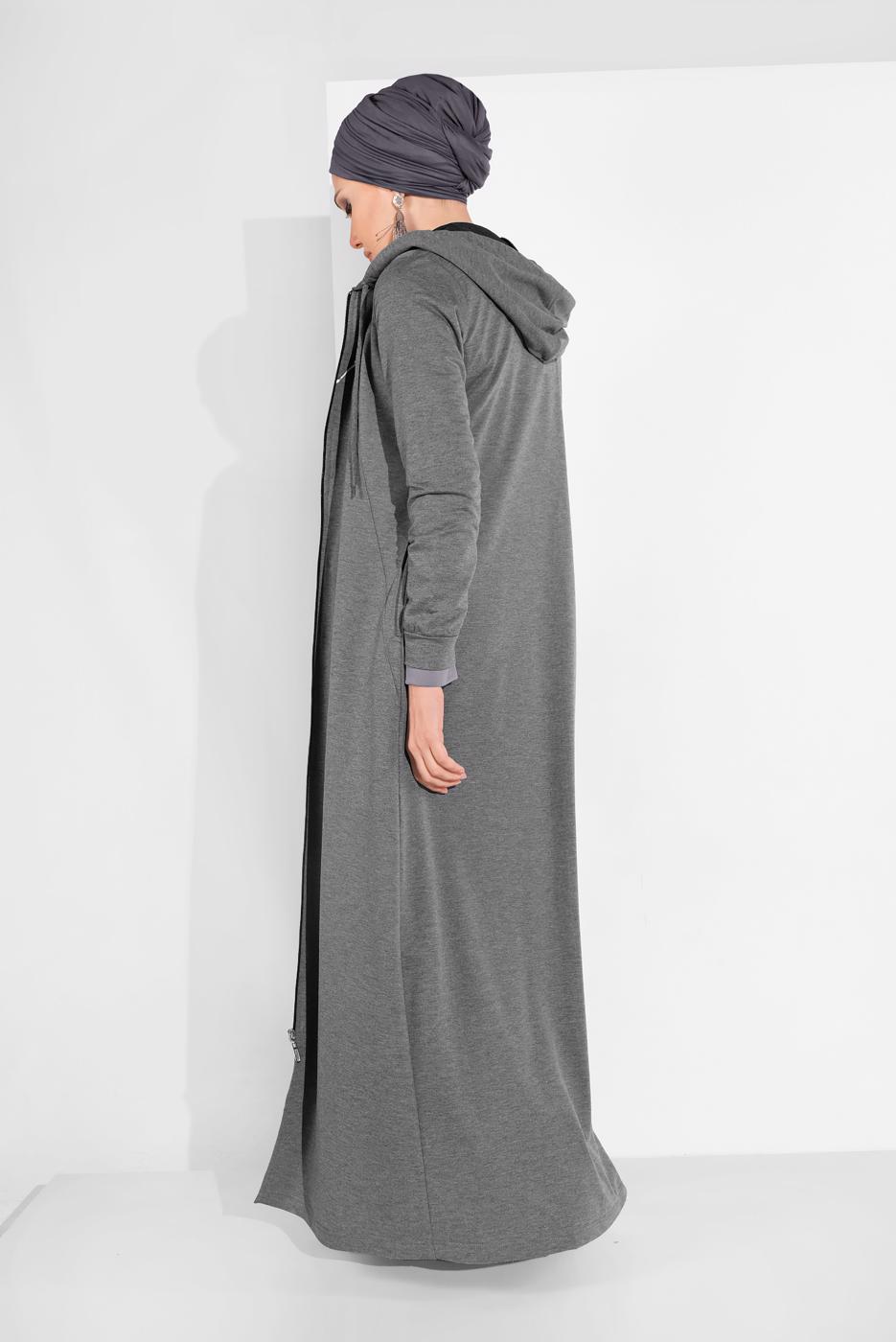 Tesettür giyim GRİ KAPÜŞONLU BOYDAN FERMUARLI EŞOFMAN FERACE  0019 