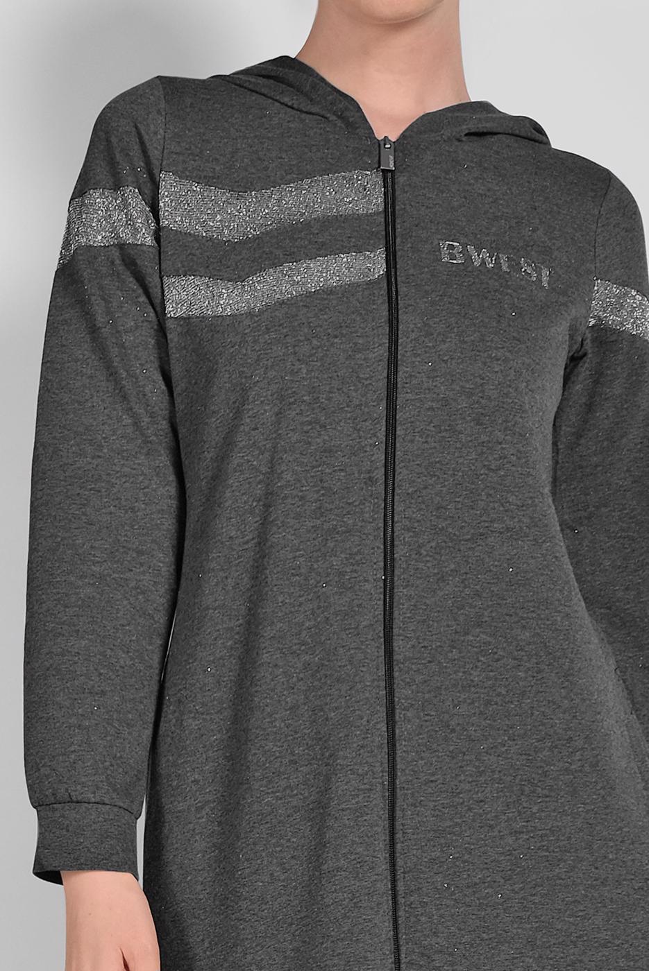 Tesettür giyim GRİ SİM DETAYLI KAPÜŞONLU BOYDAN FERMUARLI SPOR FERACE 1209 