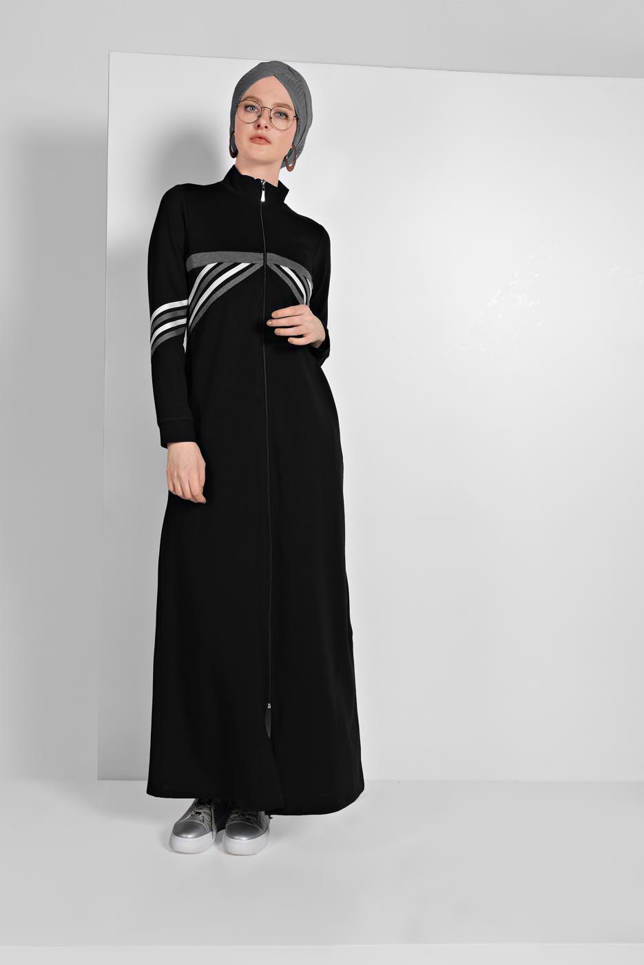 Tesettür giyim SİYAH BOYDAN FERMUARLI SPOR FERACE 3519