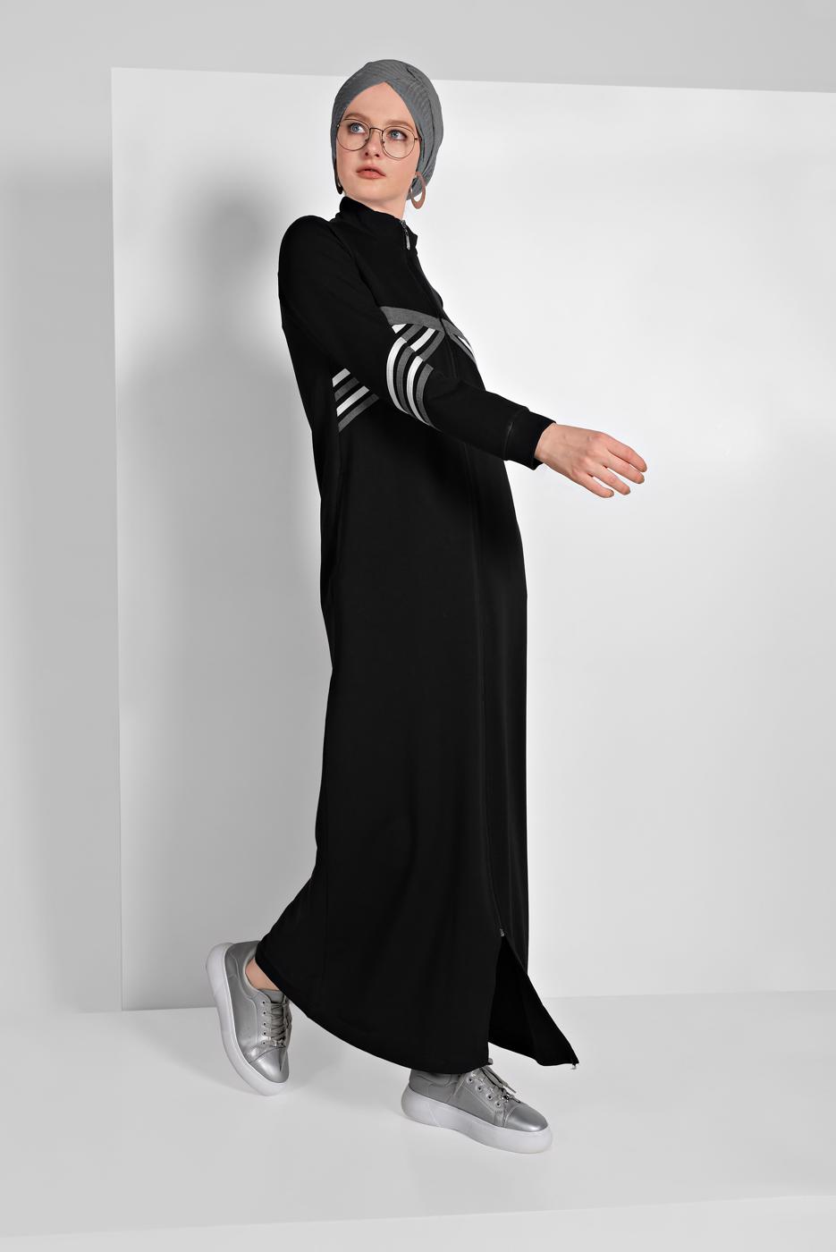 Tesettür giyim SİYAH BOYDAN FERMUARLI SPOR FERACE 3519