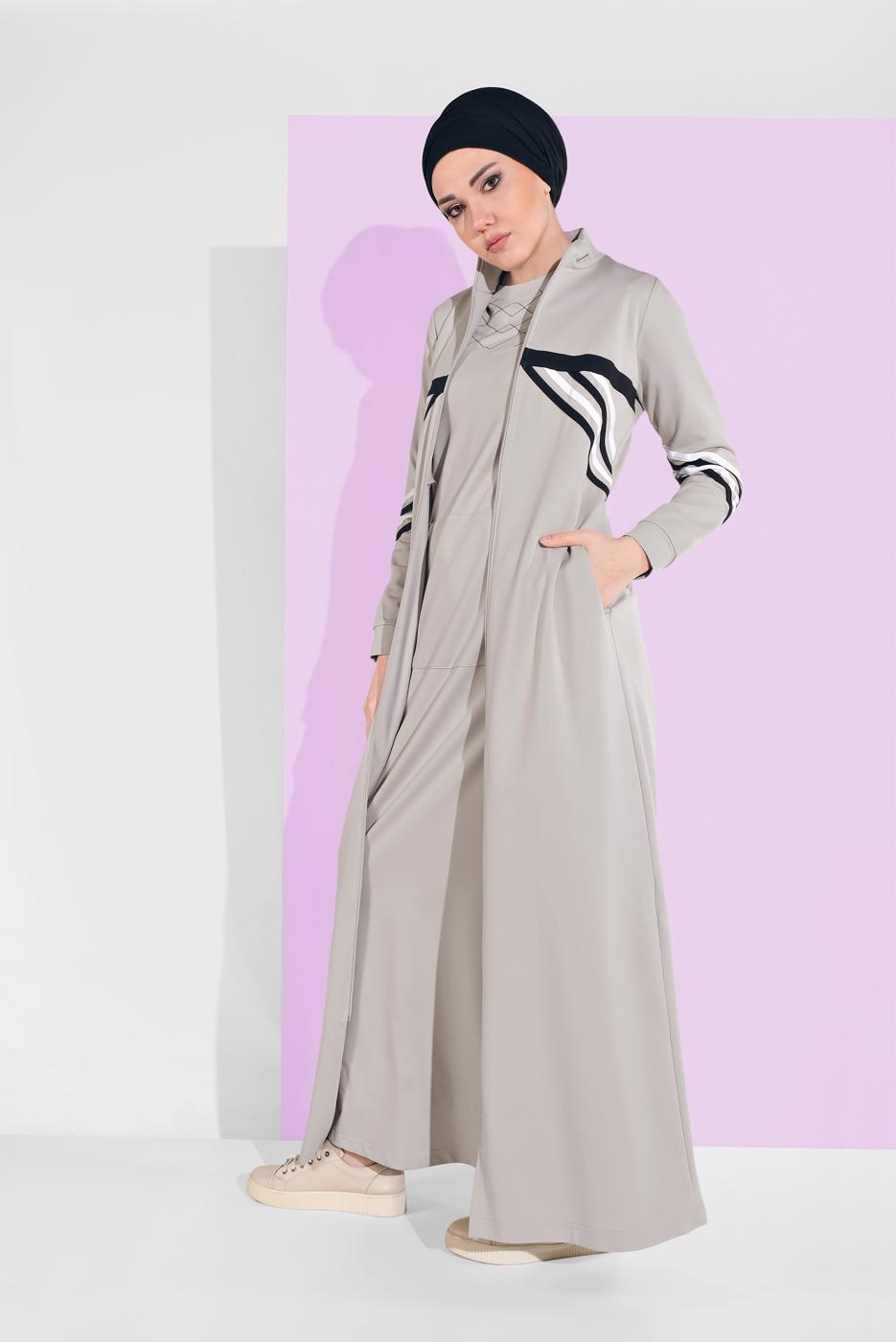 Tesettür giyim GRİ BOYDAN FERMUARLI SPOR FERACE 3519