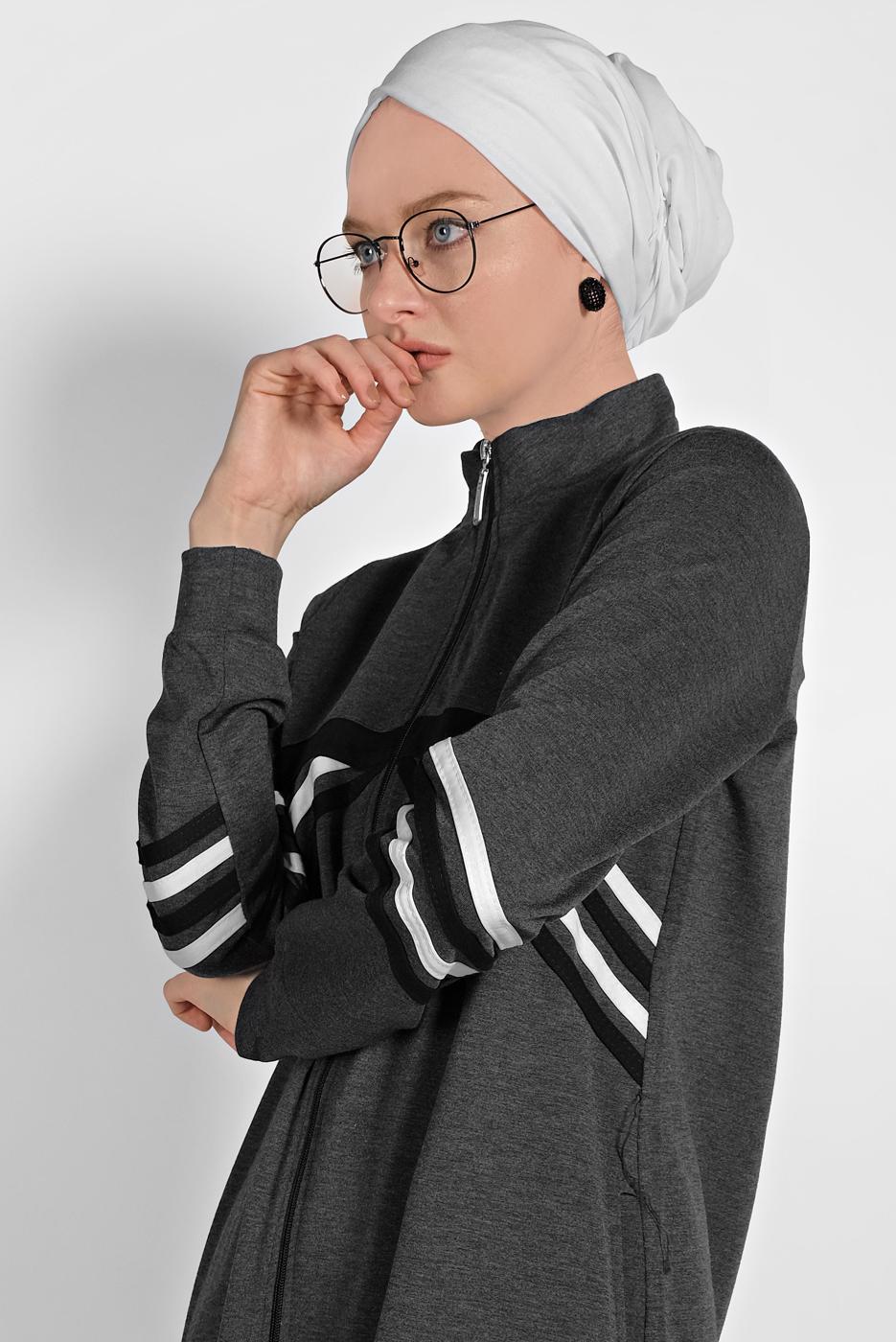 Tesettür giyim GRİ BOYDAN FERMUARLI SPOR FERACE 3519