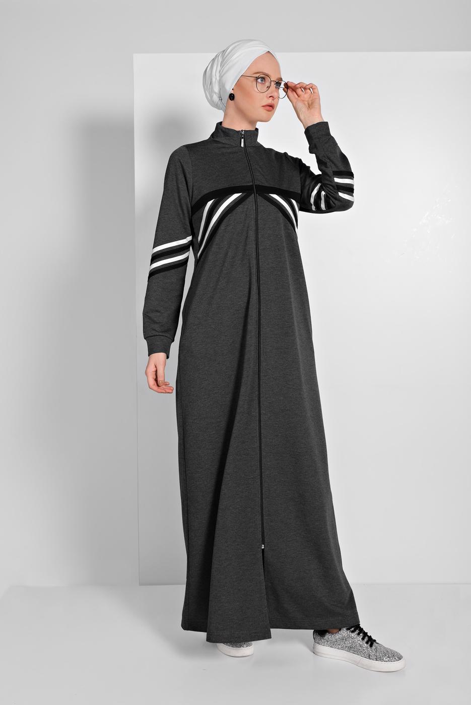 Tesettür giyim GRİ BOYDAN FERMUARLI SPOR FERACE 3519