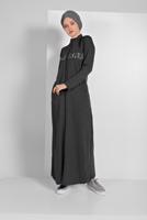 Tesettür giyim GRİ ÖNÜ NAKIŞ DETAYLI FERMUARLI SPOR FERACE 5019