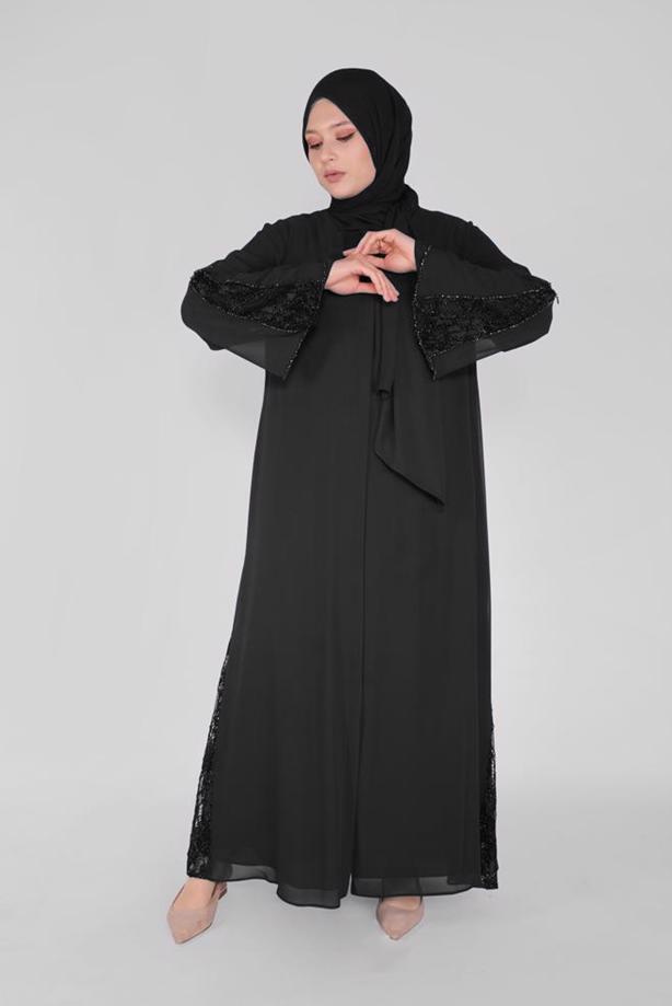 Hijab clothing BLACK ALVİNA GUIPURE DETAIL TOPCOAT 80001  - TRENDTESETTÜR