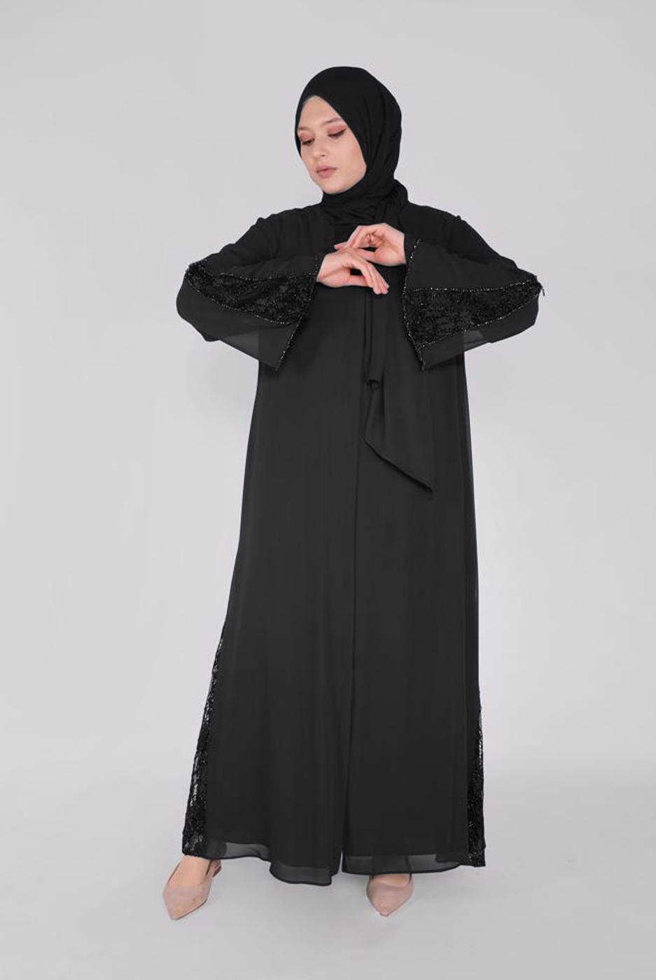 Tesettür giyim SİYAH ALVİNA GÜPÜR DETAYLI FERACE 80001 