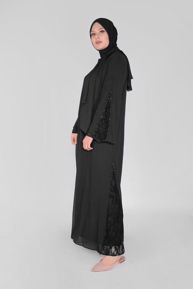Hijab clothing BLACK ALVİNA GUIPURE DETAIL TOPCOAT 80001  - TRENDTESETTÜR