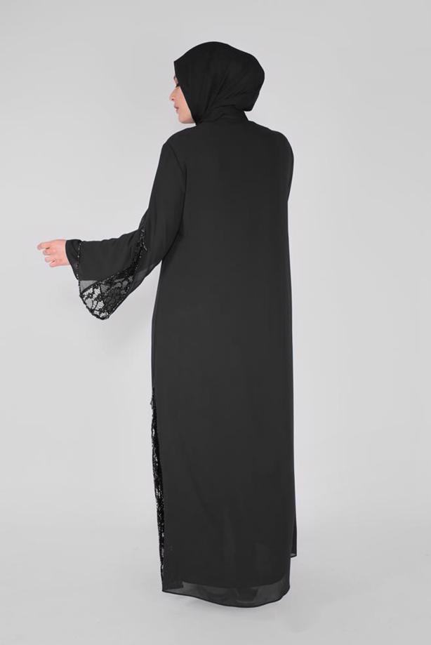 Hijab clothing BLACK ALVİNA GUIPURE DETAIL TOPCOAT 80001  - TRENDTESETTÜR