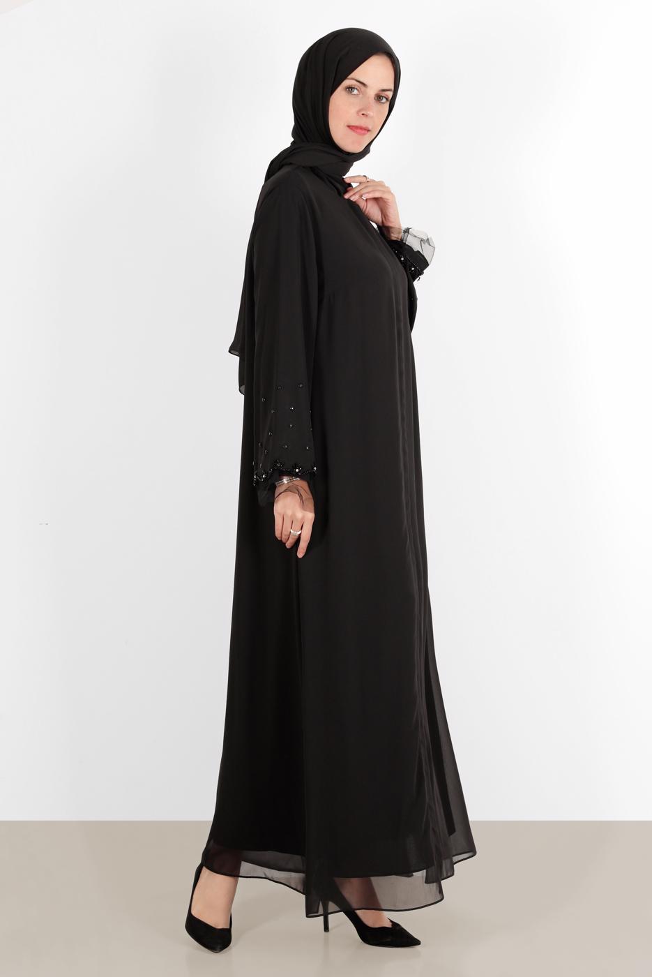 Tesettür giyim SİYAH ALVİNA BONCUK DETAYLI FERACE 80002 