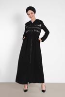 Tesettür giyim SİYAH ALVİNA BEL KISMI BÜZGÜLÜ PUL İŞLEMELİ FERACE 8327