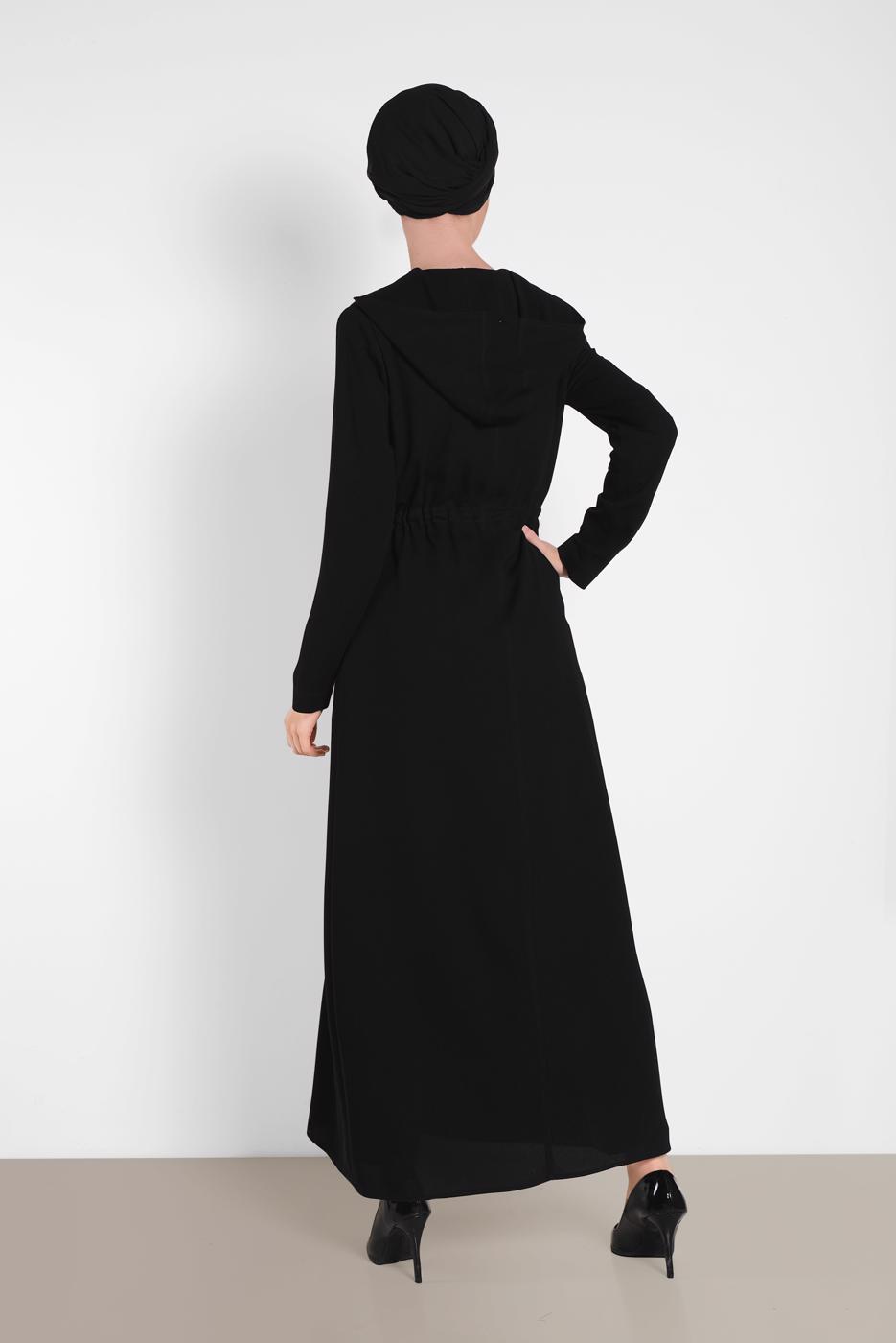 Tesettür giyim SİYAH ALVİNA BEL KISMI BÜZGÜLÜ PUL İŞLEMELİ FERACE 8327