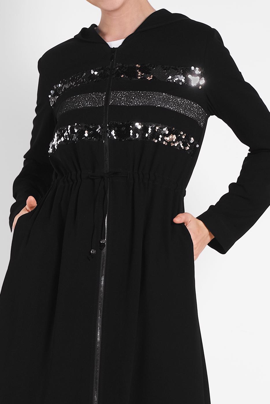 Tesettür giyim SİYAH ALVİNA BEL KISMI BÜZGÜLÜ PUL İŞLEMELİ FERACE 8327