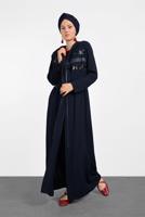 Tesettür giyim LACİVERT ALVİNA BEL KISMI BÜZGÜLÜ PUL İŞLEMELİ FERACE 8327