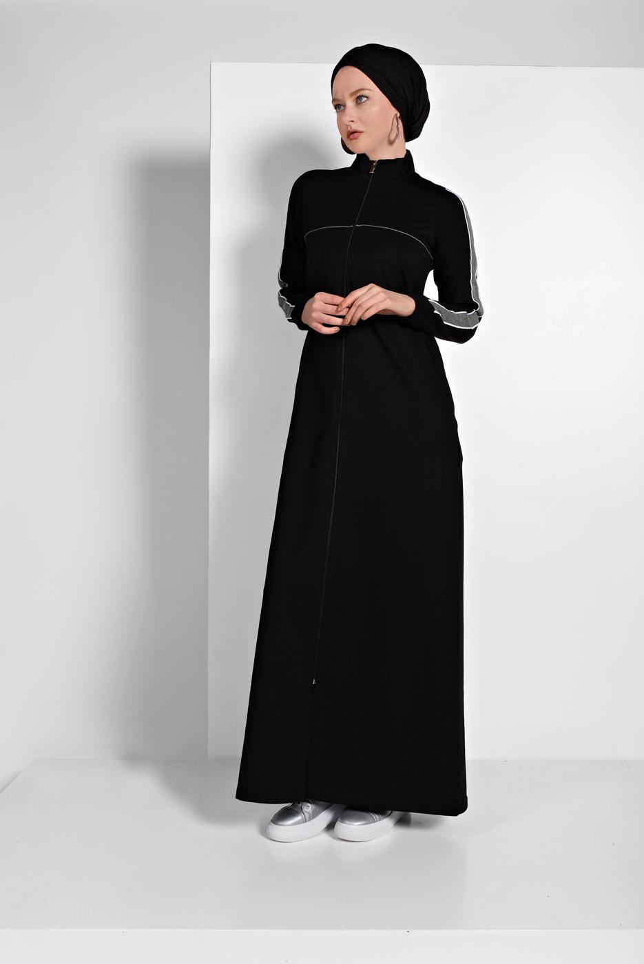 Tesettür giyim SİYAH FERMUARLI FERACE 8519
