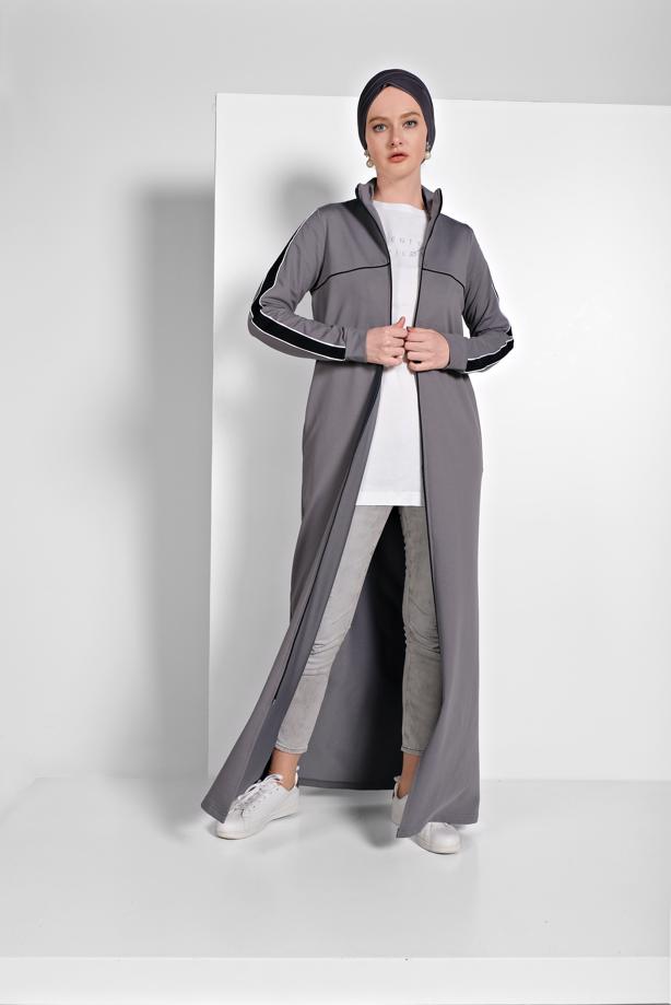 Tesettür giyim GRİ FERMUARLI FERACE 8519 - TRENDTESETTÜR