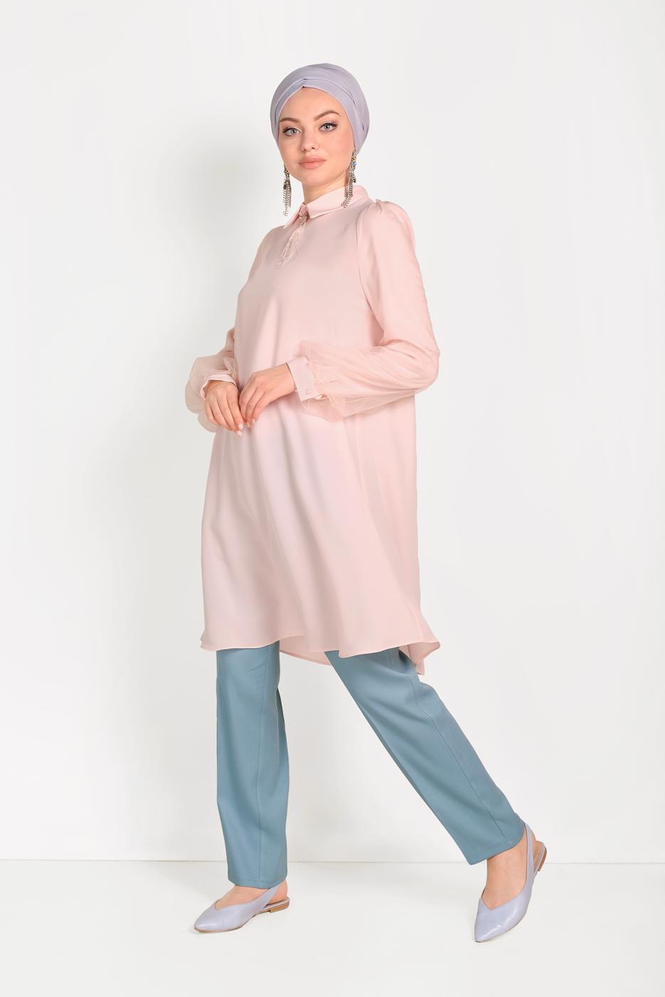 Tesettür giyim MAVİ ALVİNA DÜĞMELİ FERMUARLI PANTOLON 70079 