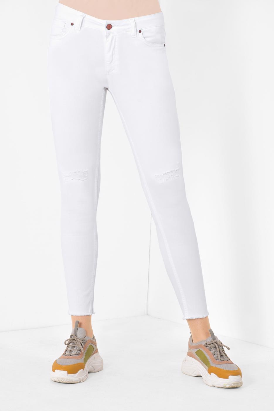 Tesettür giyim BEYAZ  ALVİNA DAR PAÇA DENİM PANTOLON 7513 