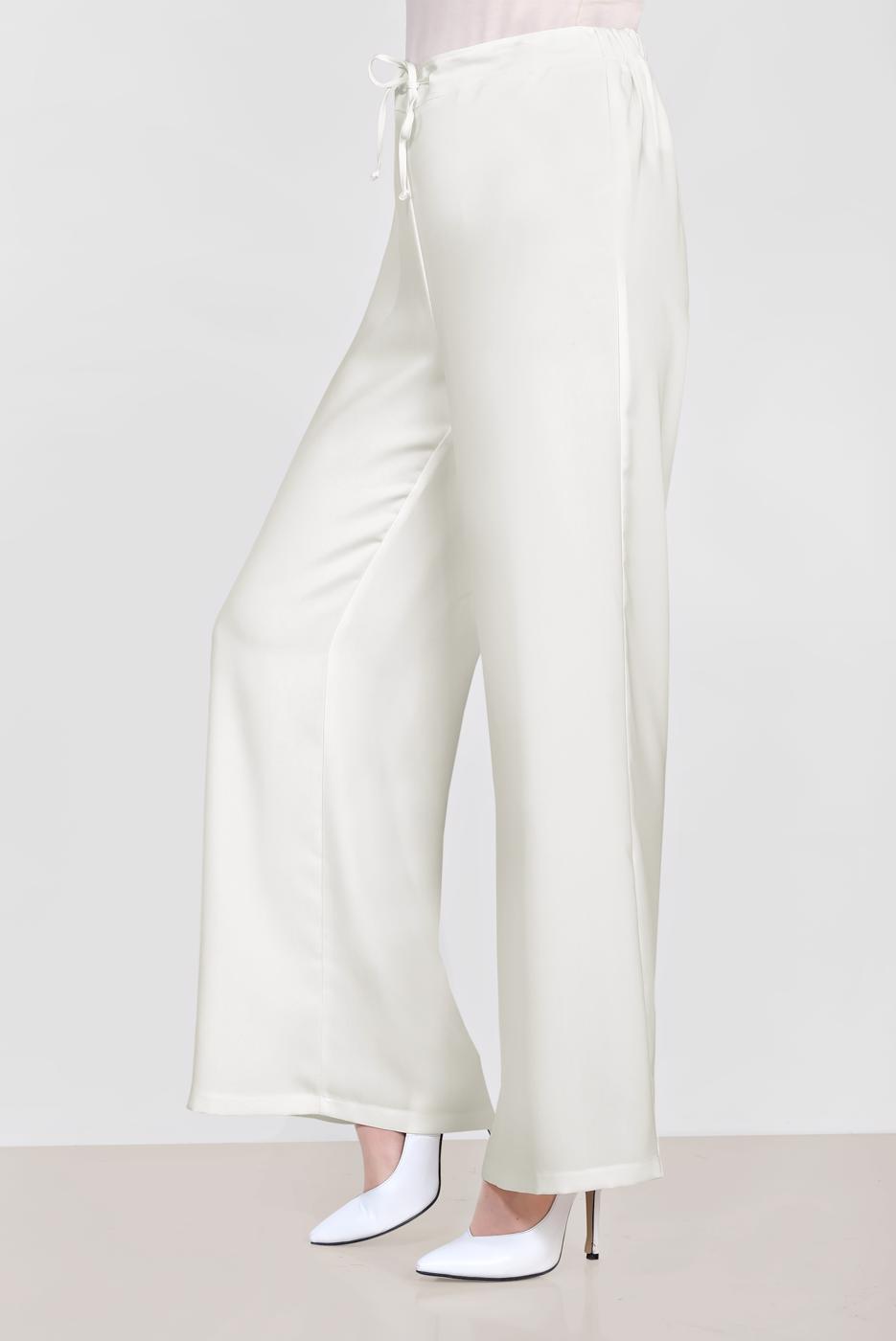 Tesettür giyim KREM ALVİNA BEL KISMI BÜZGÜ BAĞCIKLI PANTOLON 7536