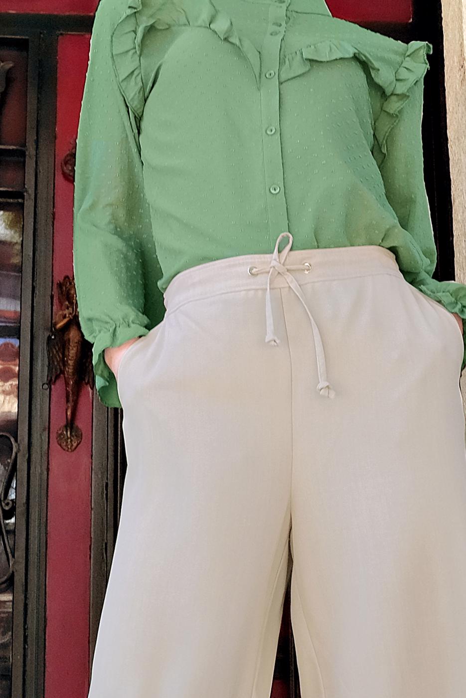 Tesettür giyim BEJ ALVİNA BEL KISMI BÜZGÜ BAĞCIKLI PANTOLON 7536