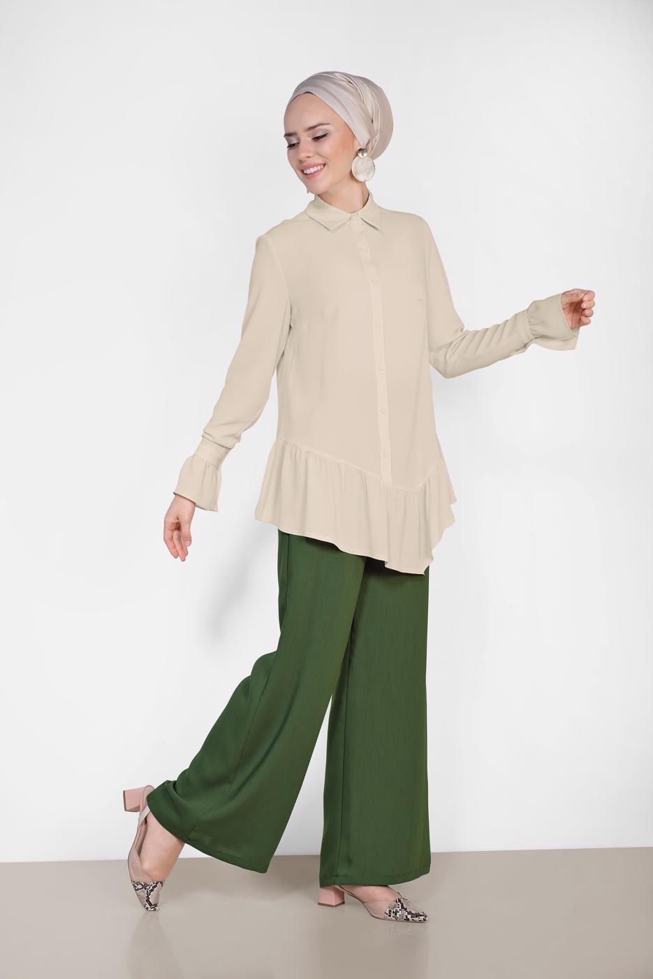 Tesettür giyim HAKİ ALVİNA BEL KISMI BÜZGÜ BAĞCIKLI PANTOLON 7536