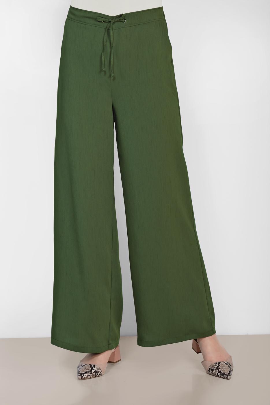 Tesettür giyim HAKİ ALVİNA BEL KISMI BÜZGÜ BAĞCIKLI PANTOLON 7536