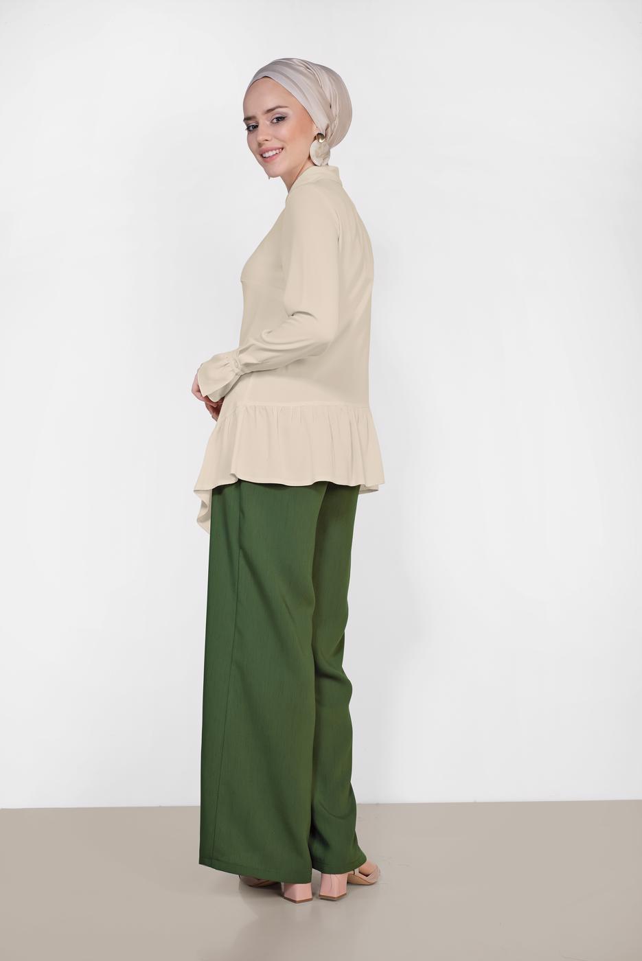 Tesettür giyim HAKİ ALVİNA BEL KISMI BÜZGÜ BAĞCIKLI PANTOLON 7536