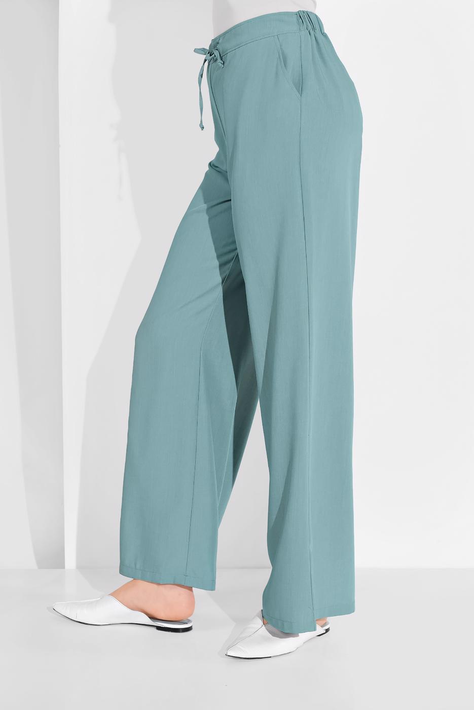 Tesettür giyim MAVİ ALVİNA BEL KISMI BÜZGÜ BAĞCIKLI PANTOLON 7536