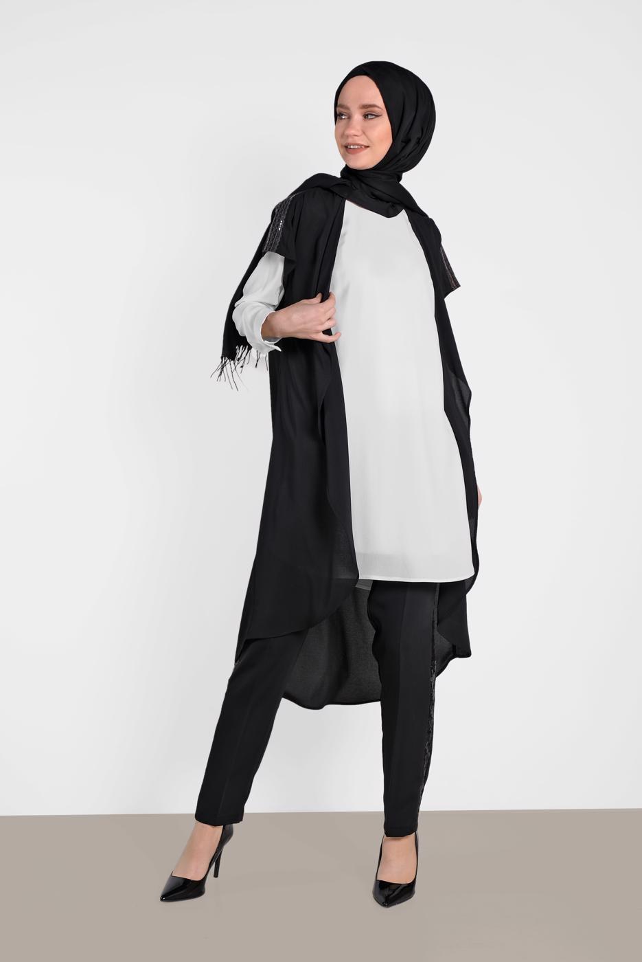 Tesettür giyim SİYAH ALVİNA PUL PAYET ŞERİT  DETAYLI PANTOLON 7565