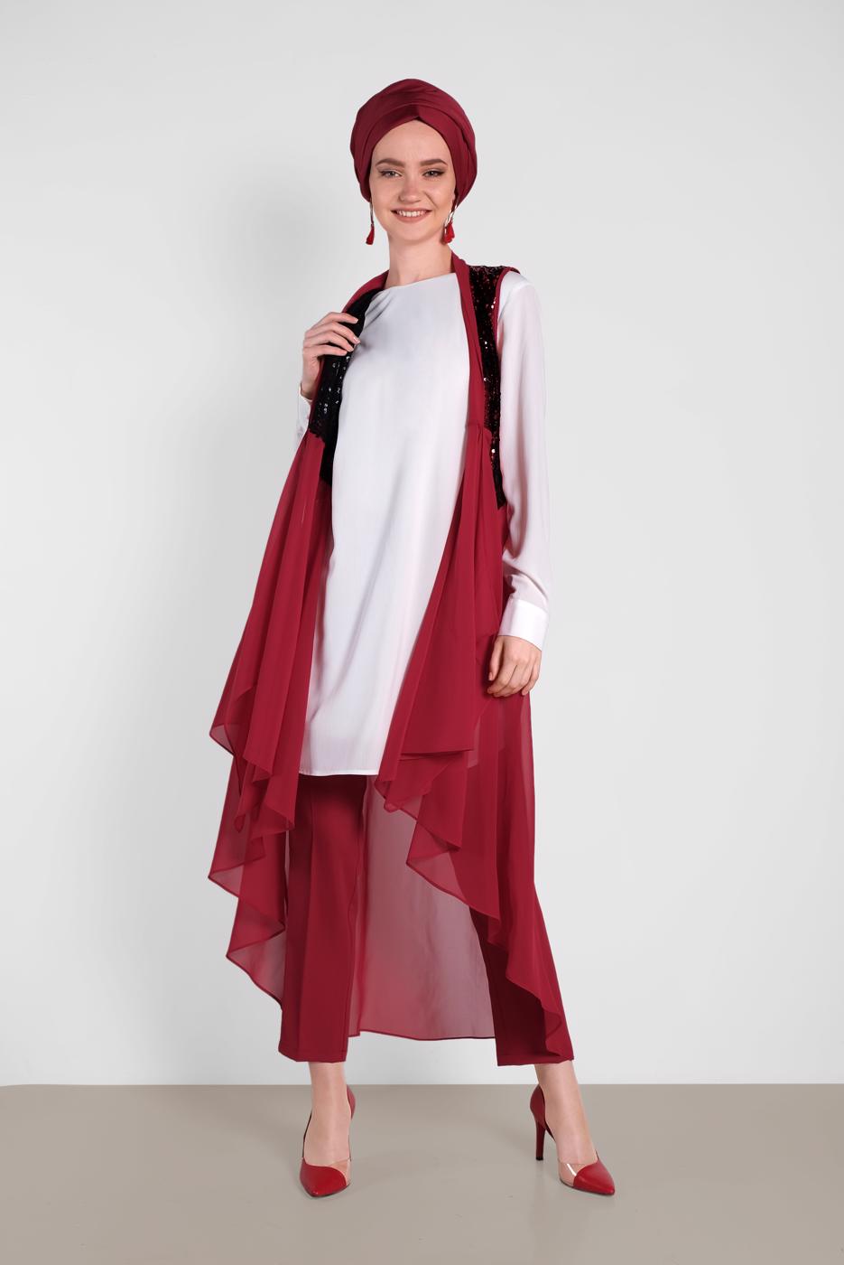 Tesettür giyim KIRMIZI ALVİNA PUL PAYET ŞERİT  DETAYLI PANTOLON 7565