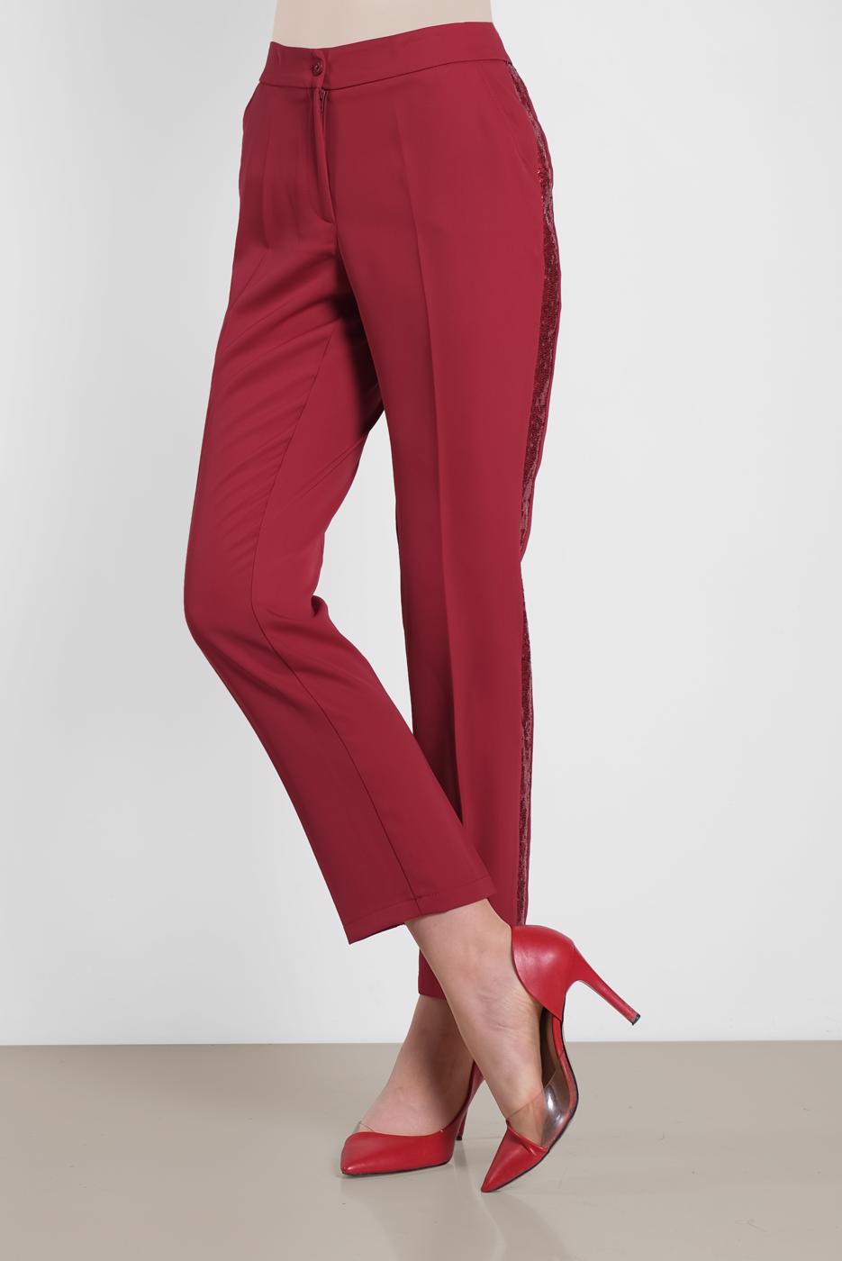 Tesettür giyim KIRMIZI ALVİNA PUL PAYET ŞERİT  DETAYLI PANTOLON 7565