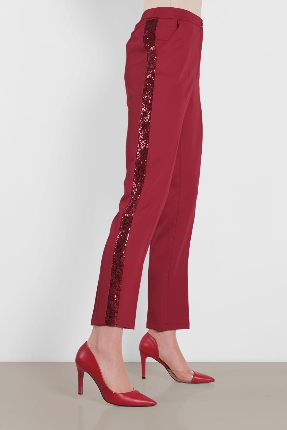 Tesettür giyim KIRMIZI ALVİNA PUL PAYET ŞERİT  DETAYLI PANTOLON 7565