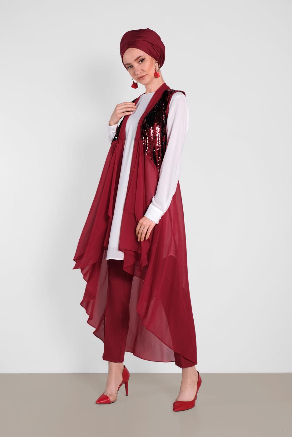 Tesettür giyim KIRMIZI ALVİNA PUL PAYET ŞERİT  DETAYLI PANTOLON 7565