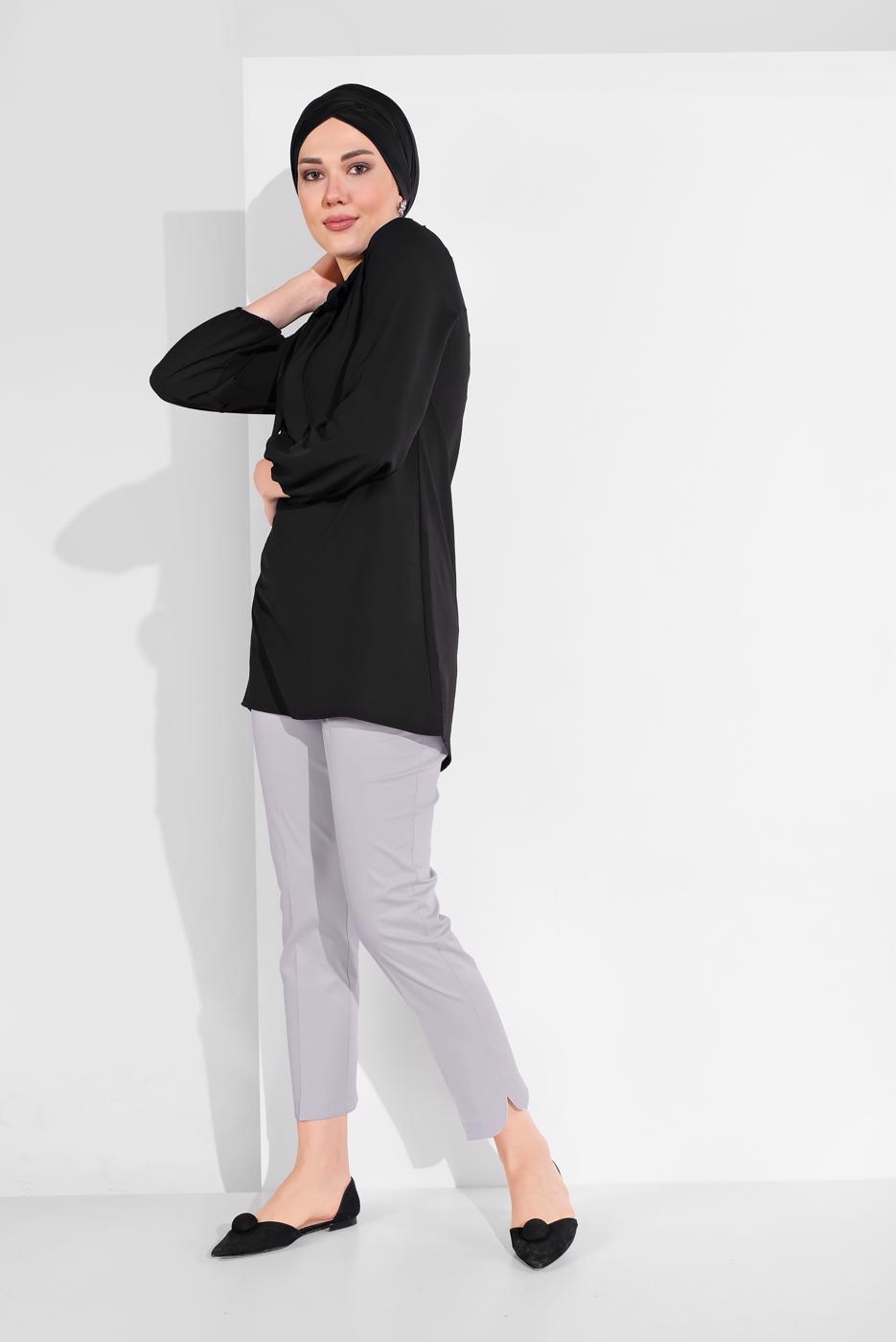 Tesettür giyim GRİ ALVİNA BİLEK KISMI YIRTMAÇLI PANTOLON 7575
